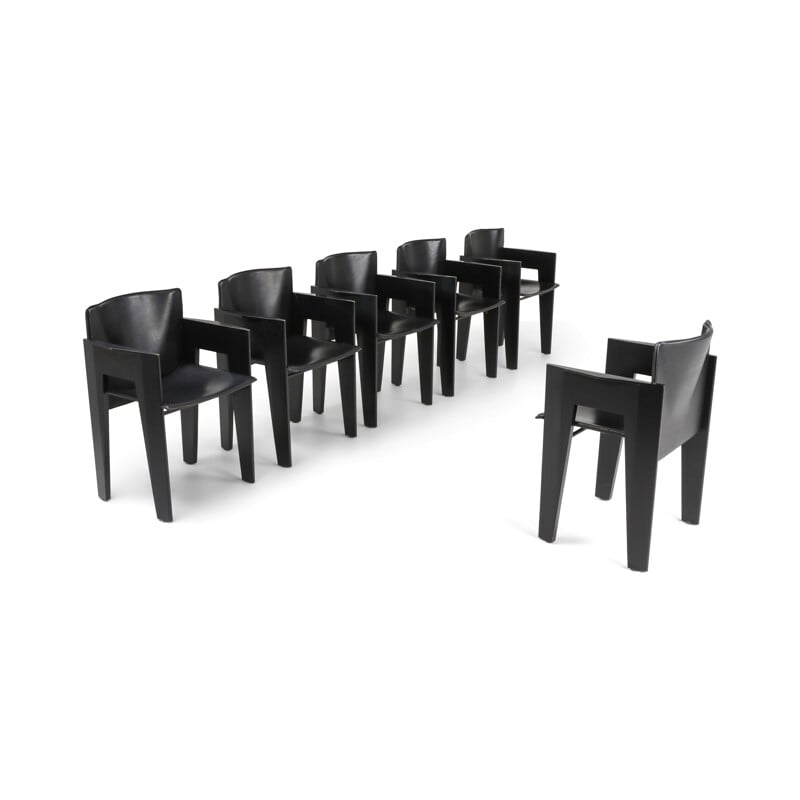 Ensemble de 6 chaises à repas vintage Arco en chêne noir et cuir 1980