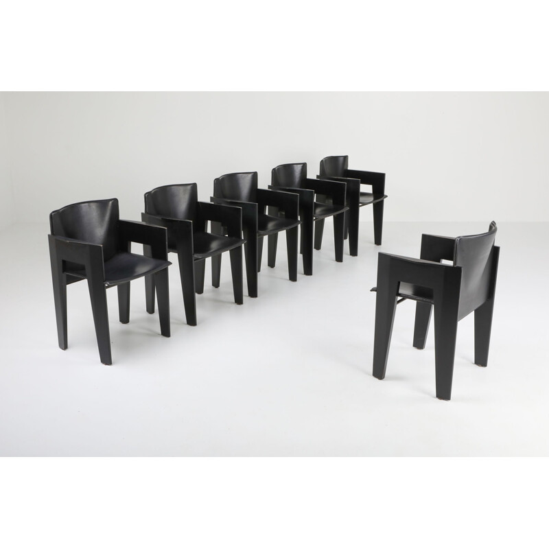 Vintage set of 6 black oak and leather Arco dining chairs 1980s