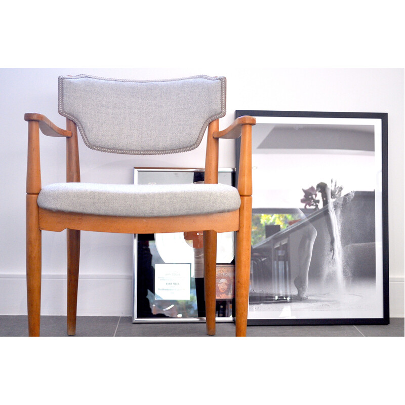 Fauteuil en teck vintage en laine grise