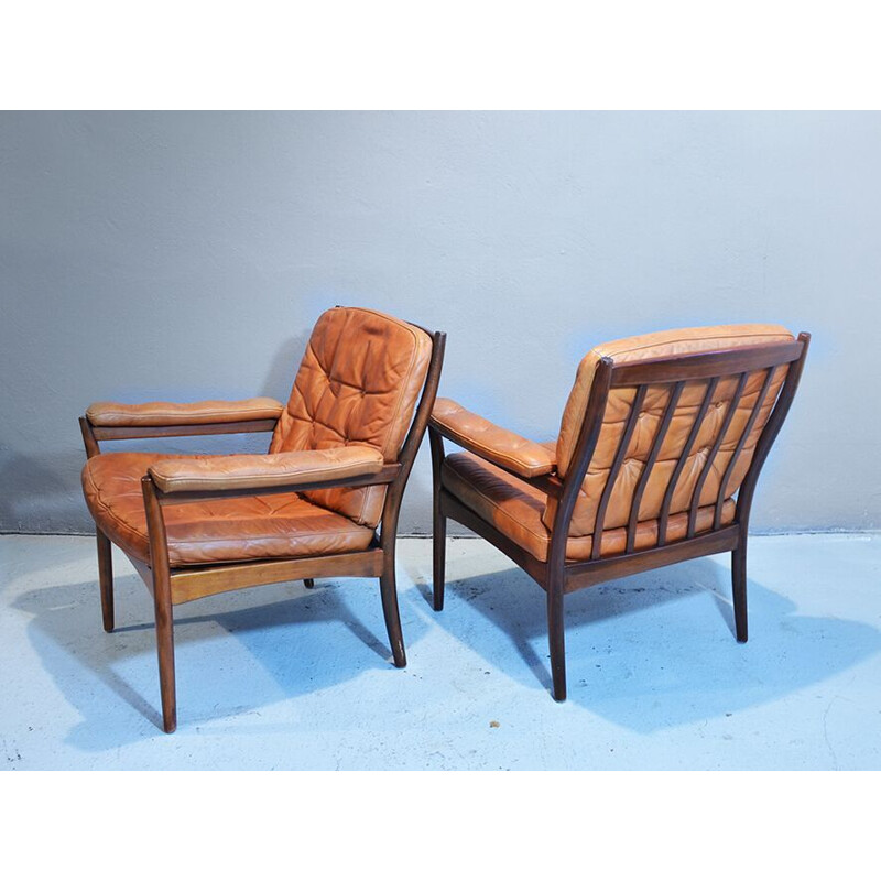 Vintage pair of wood & leather armchairs from Göte Möbler, 1960s