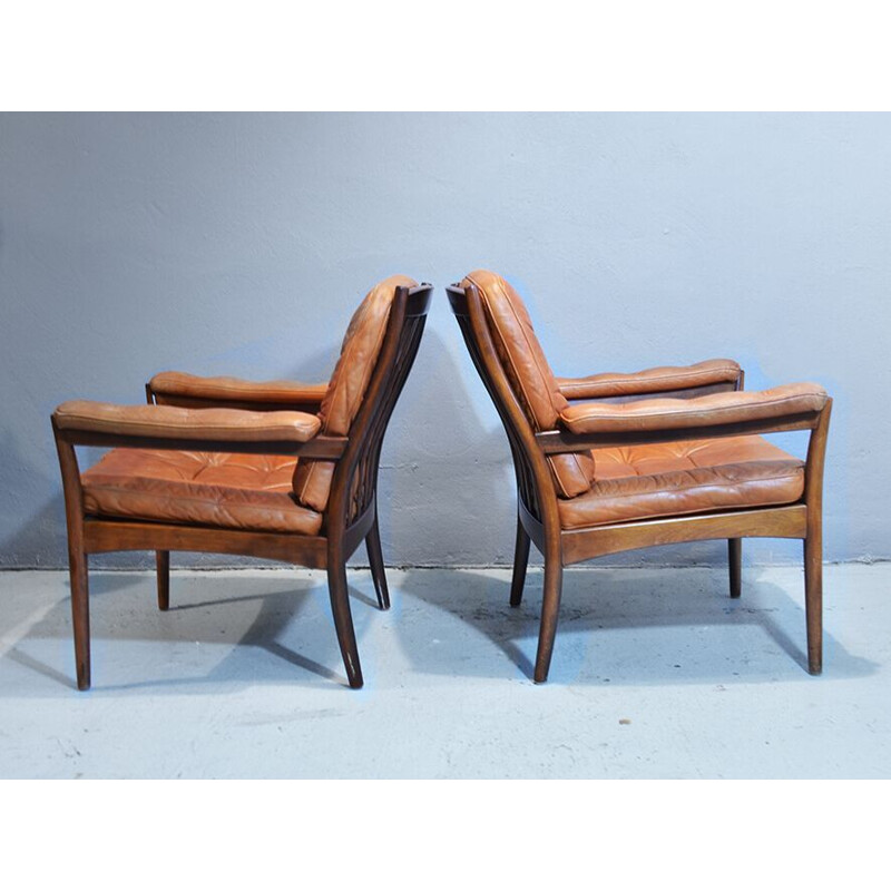 Vintage pair of wood & leather armchairs from Göte Möbler, 1960s