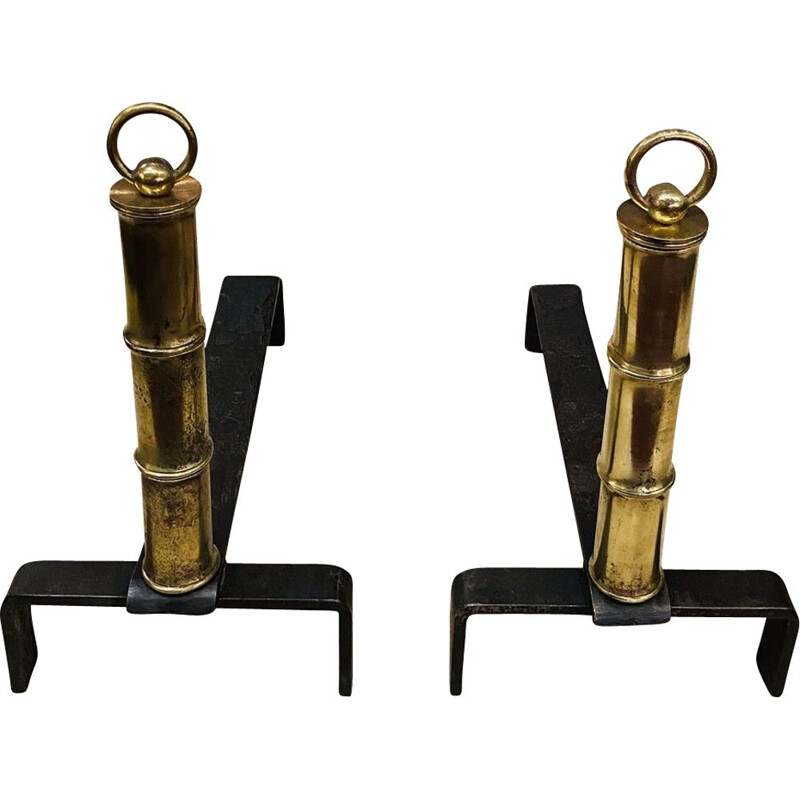 Vintage pair of andirons in brass and steel by Jacques Adnet 