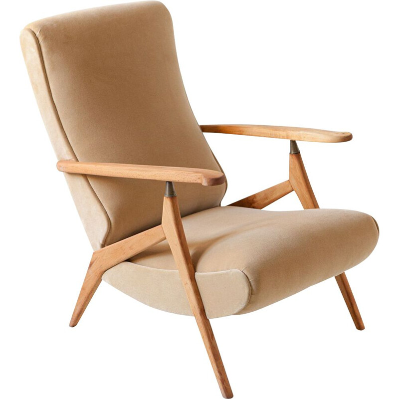 Vintage beech and sand velvet recliner lounge chair 1950s