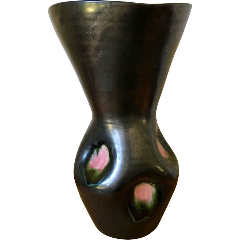 Vase vintage en céramique émaillée rose et noir