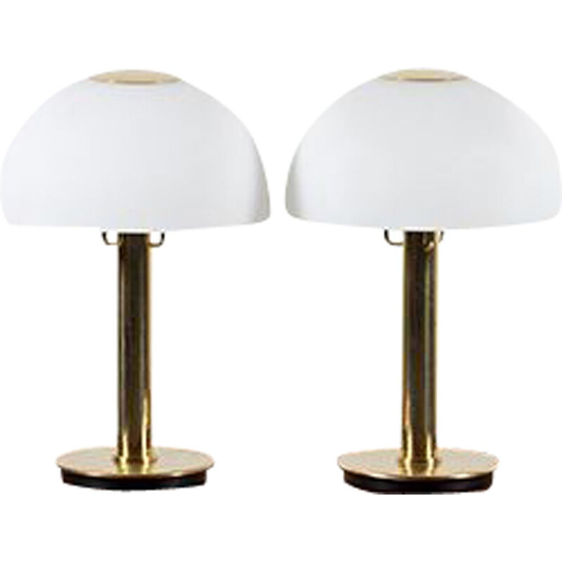 Pair of vintage brass and opaline glass table lamps from Limburg, 1970s