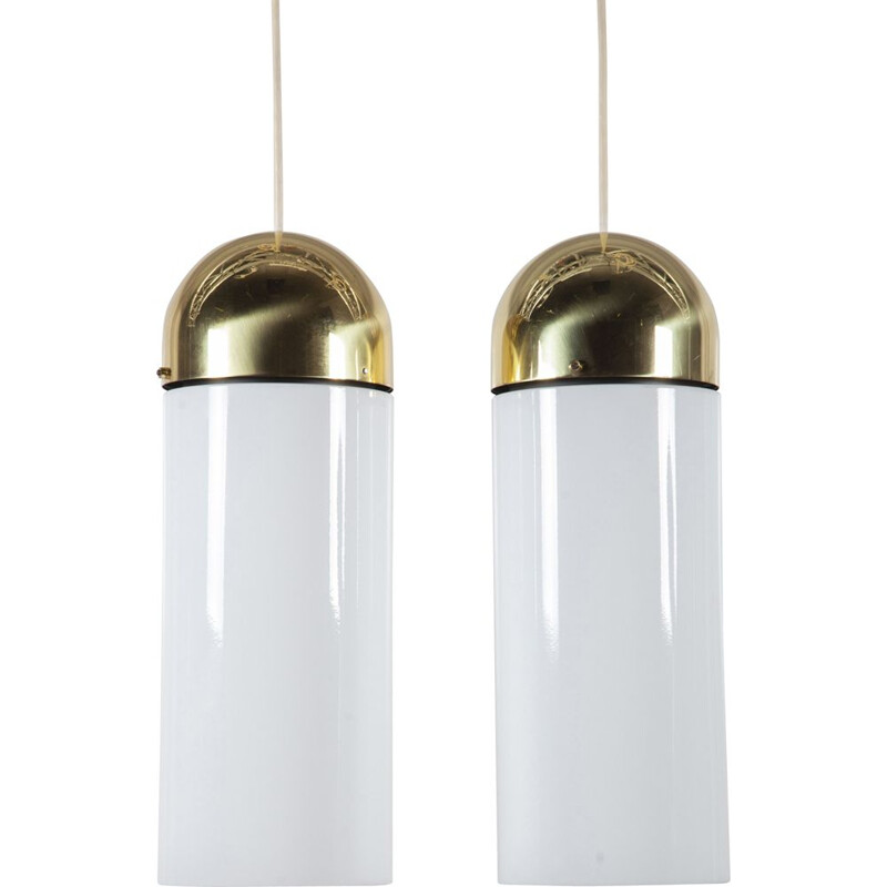Pair of vintage glass and brass pendant lamps by Limburg, Germany 1980