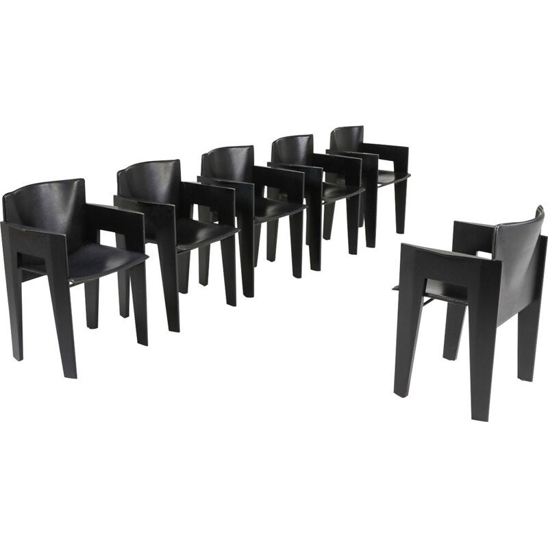 Ensemble de 6 chaises à repas vintage Arco en chêne noir et cuir 1980