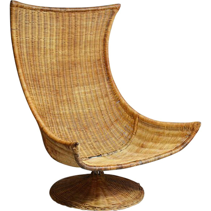 Vintage rattan swivel lounge chair By Gerard Vd Berg For Montis, 1970s