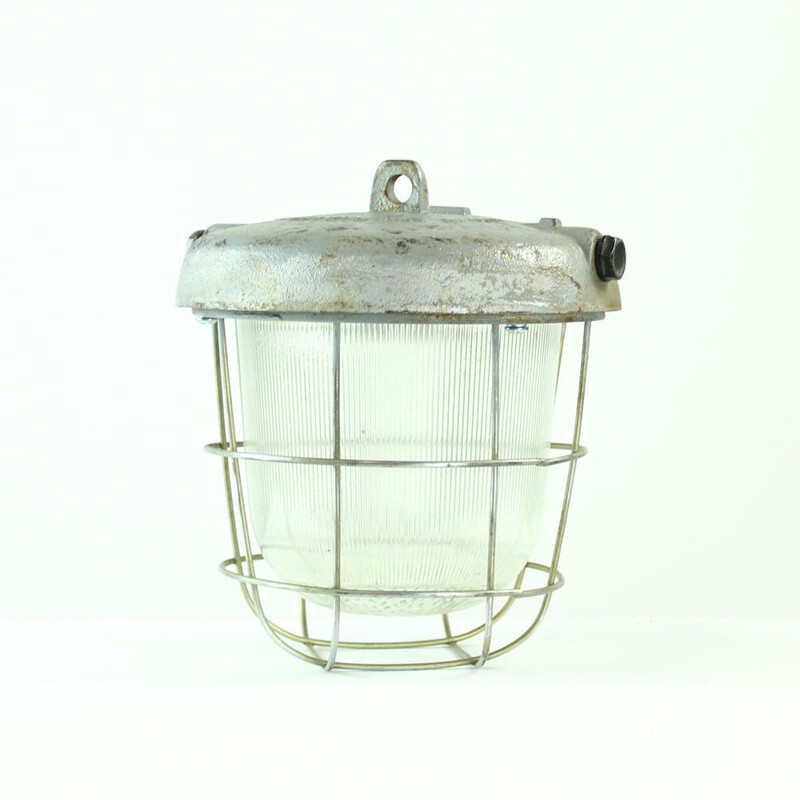 Vintage industrial ceiling lamp in metal and glass, Czechoslovakia 1950