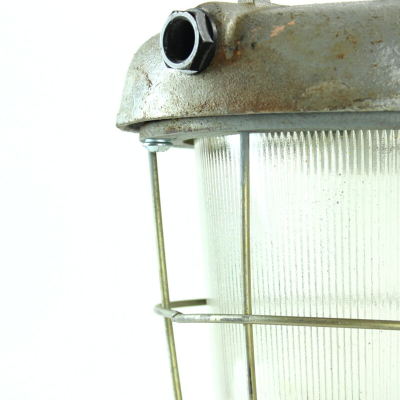 Vintage industrial ceiling lamp in metal and glass, Czechoslovakia 1950