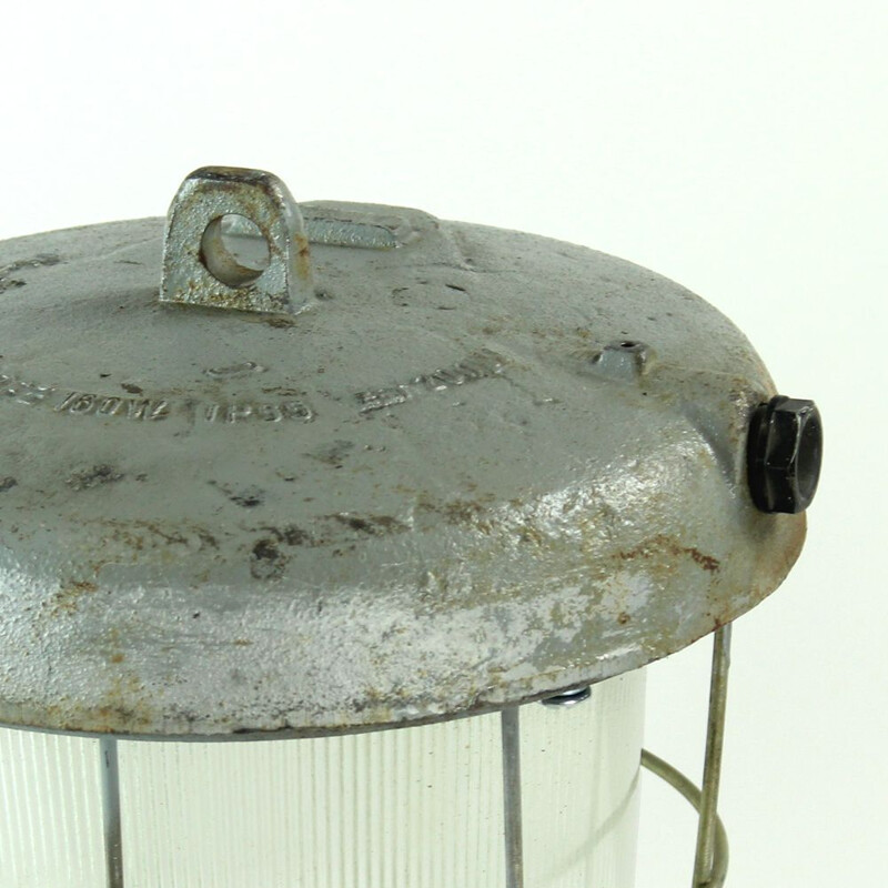 Vintage industrial ceiling lamp in metal and glass, Czechoslovakia 1950