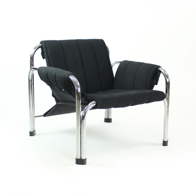 Vintage lounge chairs in black fabric & chrome, Jaroslav Hrescak, Czechoslovakia 1980s