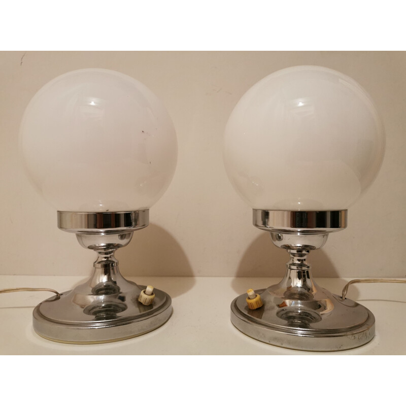 Pair of vintage chrome and opaline bedside lamps, 1960s