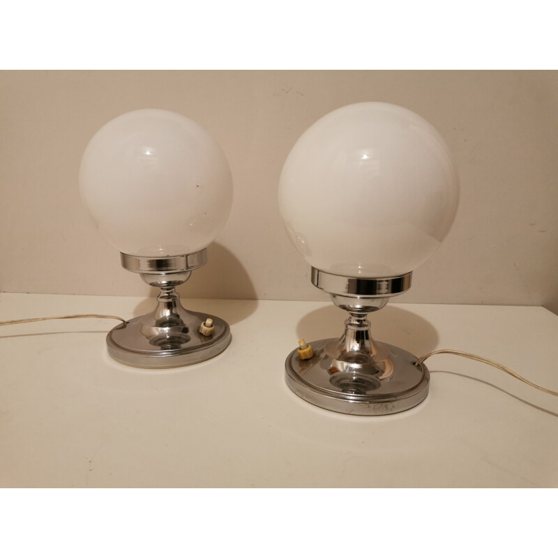 Pair of vintage chrome and opaline bedside lamps, 1960s