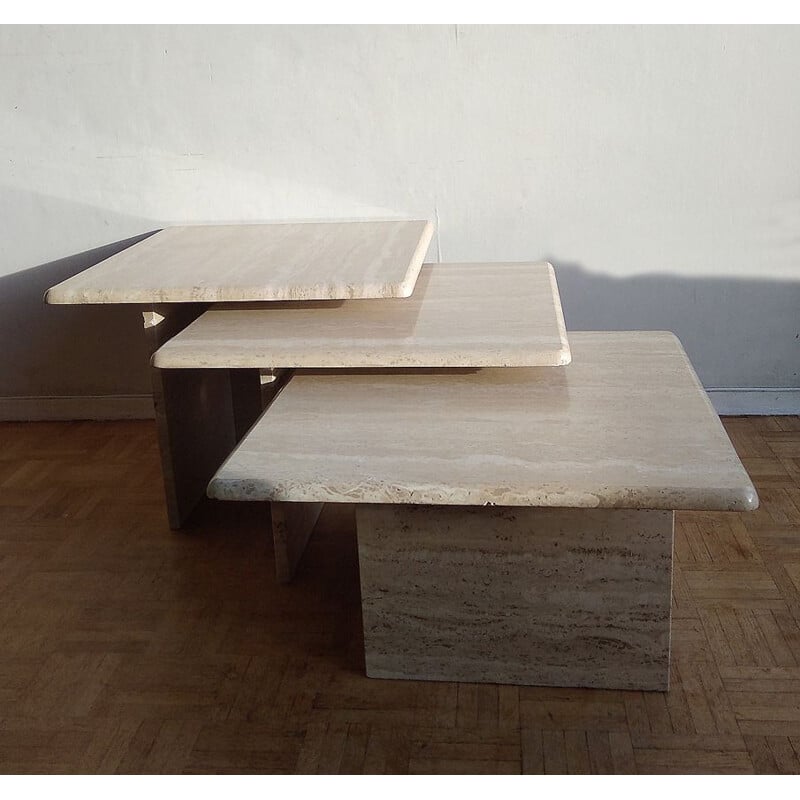 Set of 3 vintage nesting coffee tables in travertine, 1970