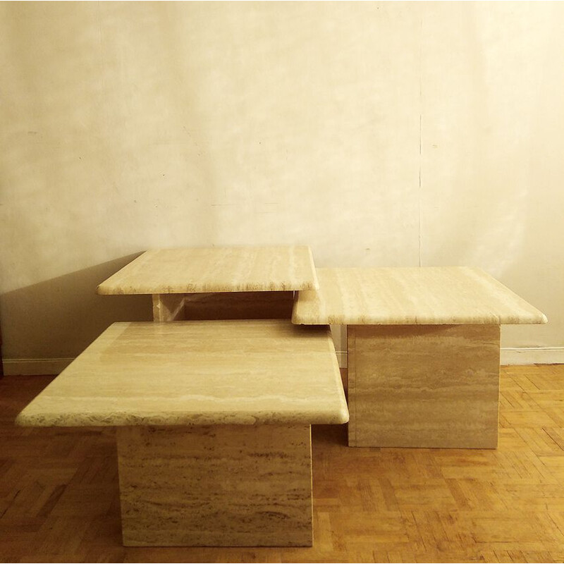 Set of 3 vintage nesting coffee tables in travertine, 1970