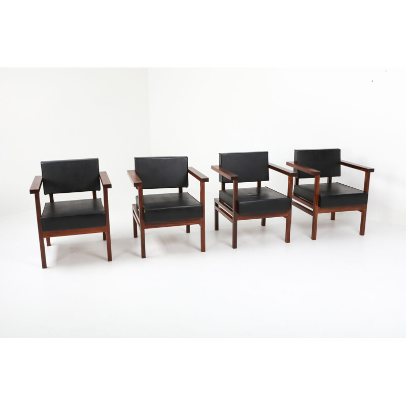 Executive Chairs in Black Leather and Rosewood by Wim Den Boon - 1950s