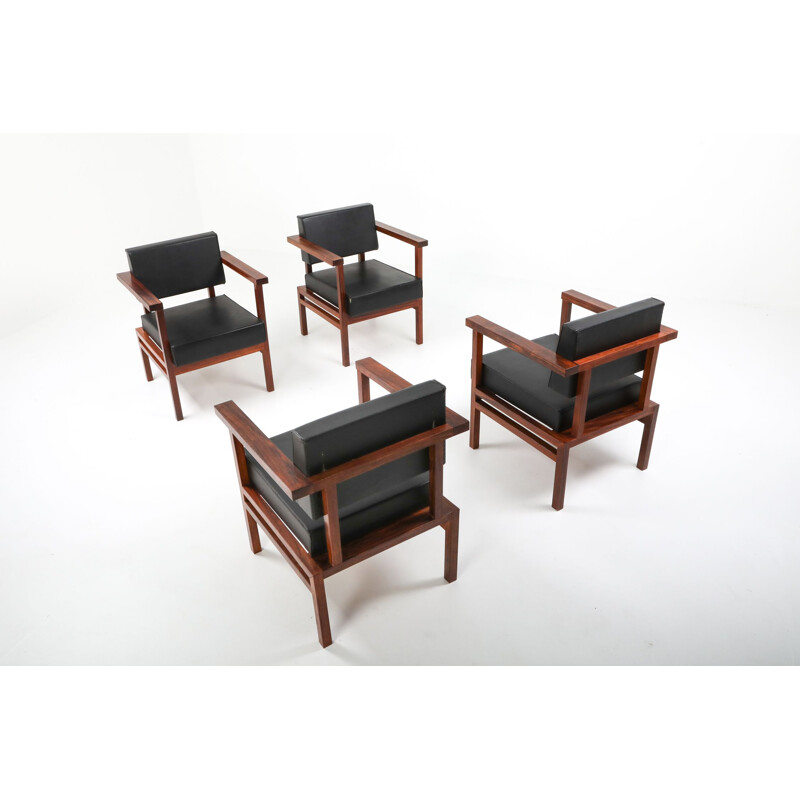 Sillones vintage de cuero negro y palisandro de Wim Den Boon - 1950