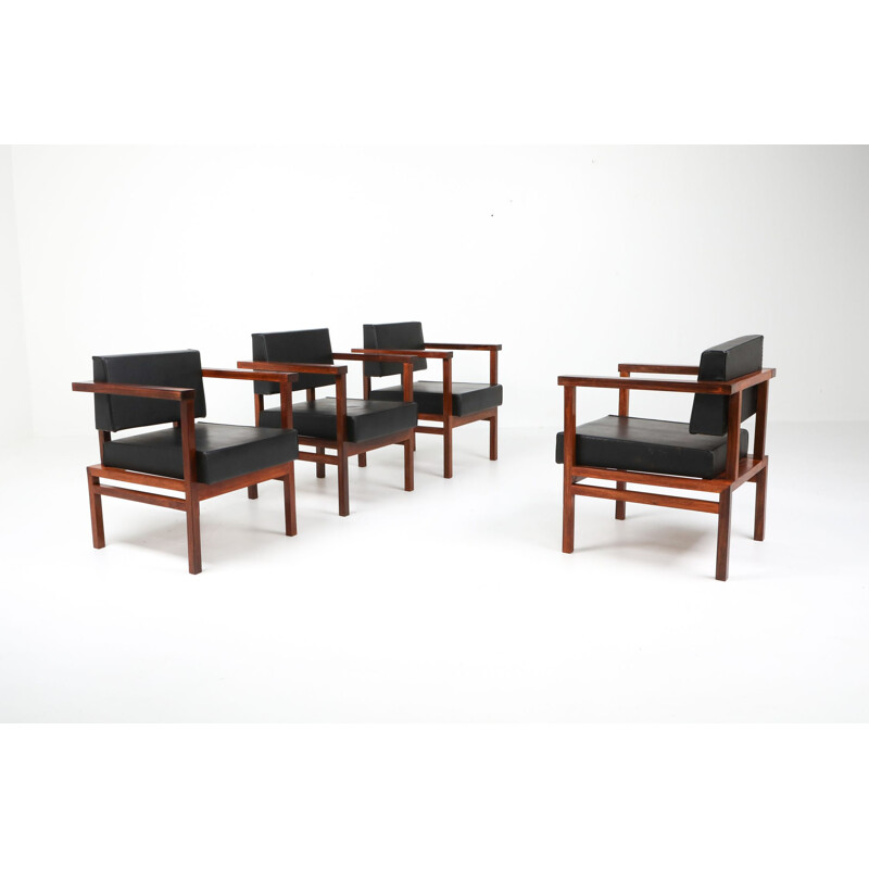 Executive Chairs in Black Leather and Rosewood by Wim Den Boon - 1950s