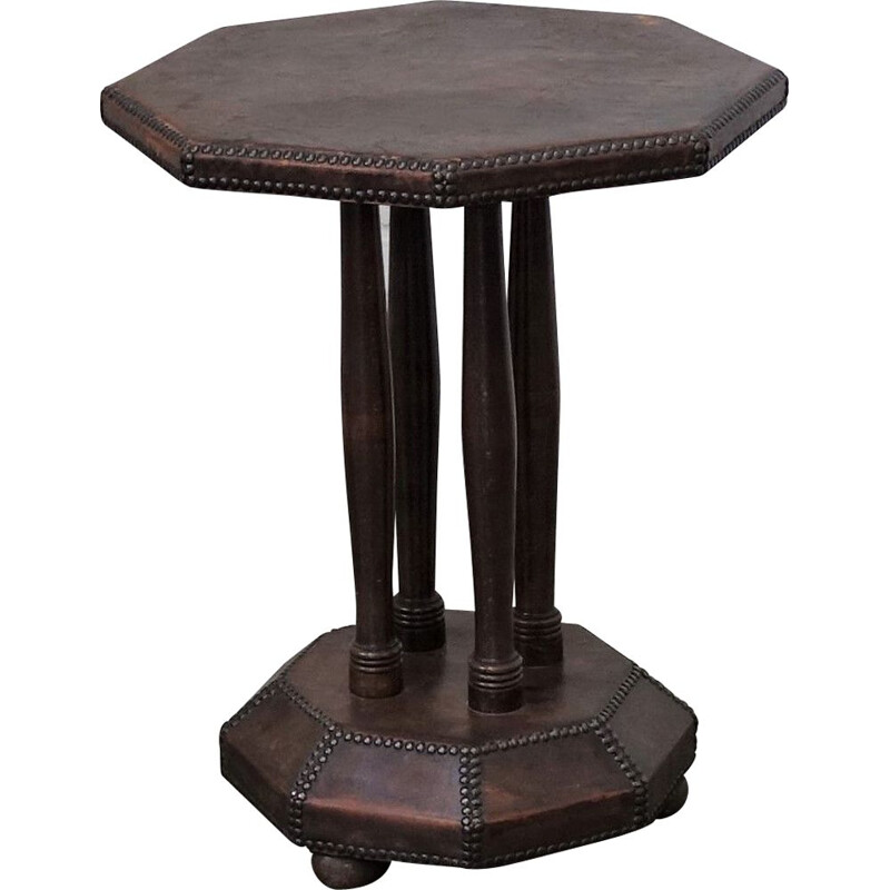 Table d'appoint octogonale vintage art déco en cuir