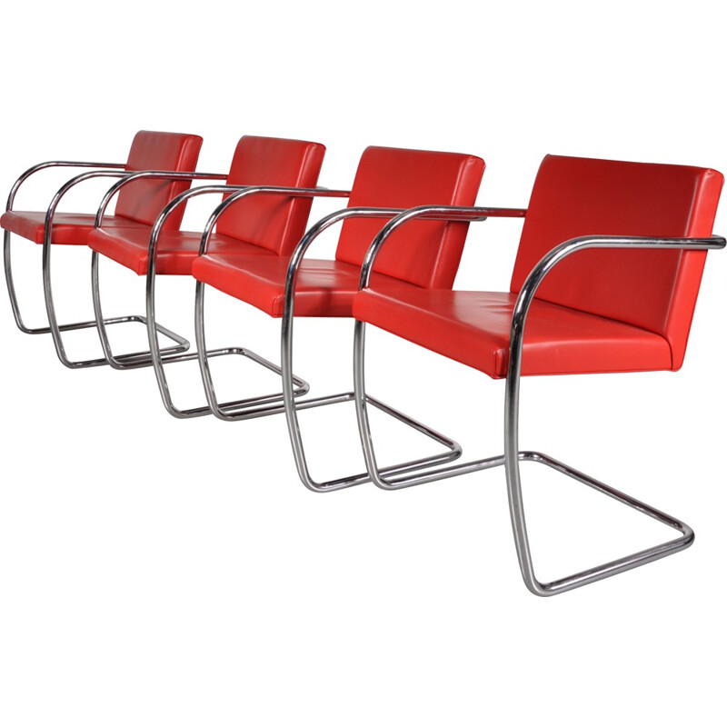 Suite de 4 chaises Knoll en métal et cuir rouge, Mies VAN DER ROHE - 1970