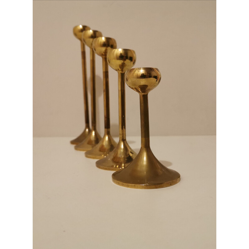 Set of 5 Scandinavian vintage brass candlesticks, 1970s