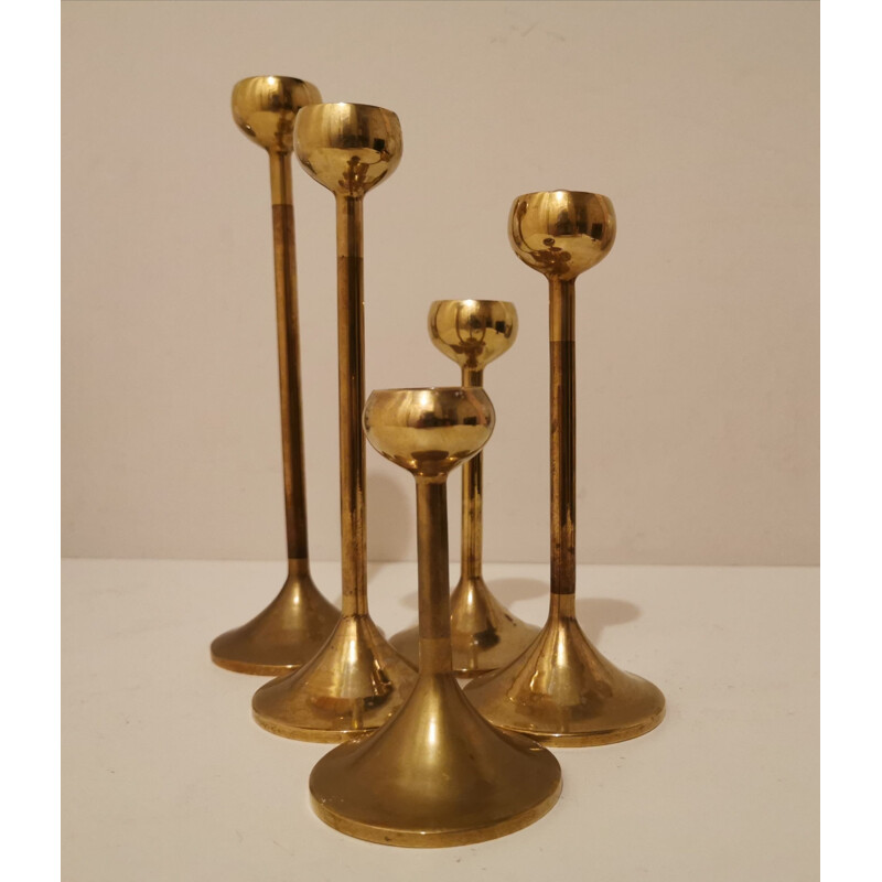 Set of 5 Scandinavian vintage brass candlesticks, 1970s