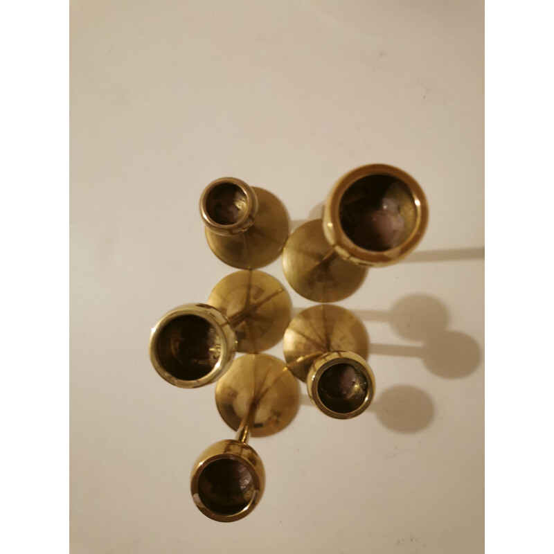 Set of 5 Scandinavian vintage brass candlesticks, 1970s