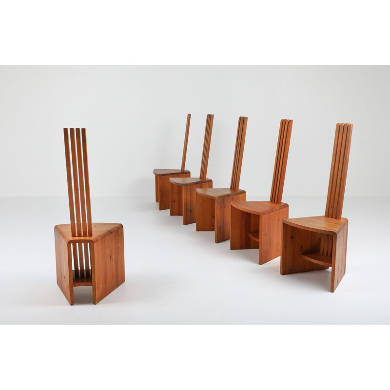 Set of unusual vintage chairs in pine, 1960s