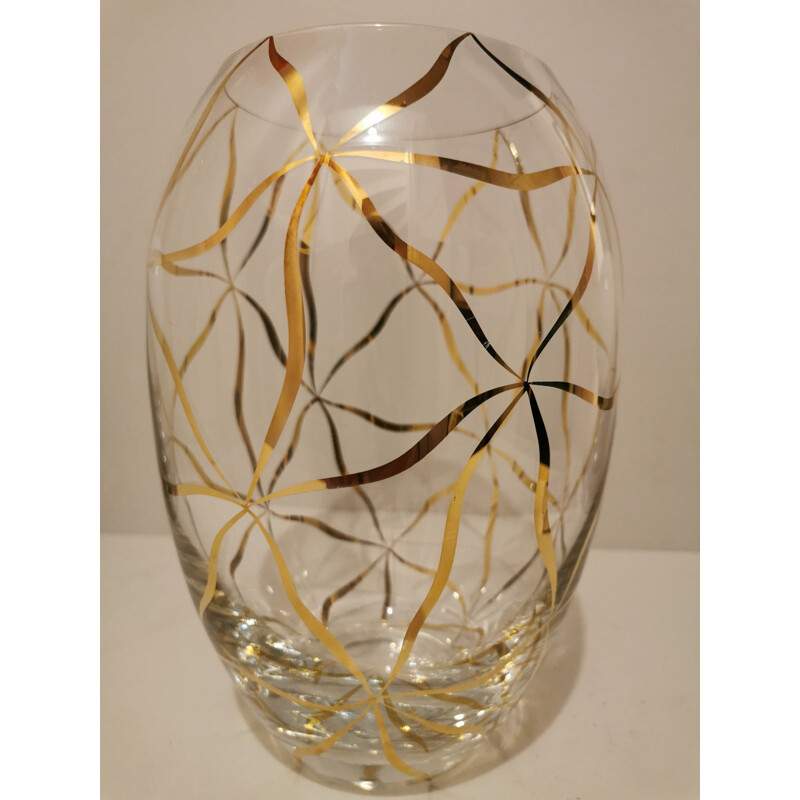 Vintage crystal vase with gold decoration , 1970