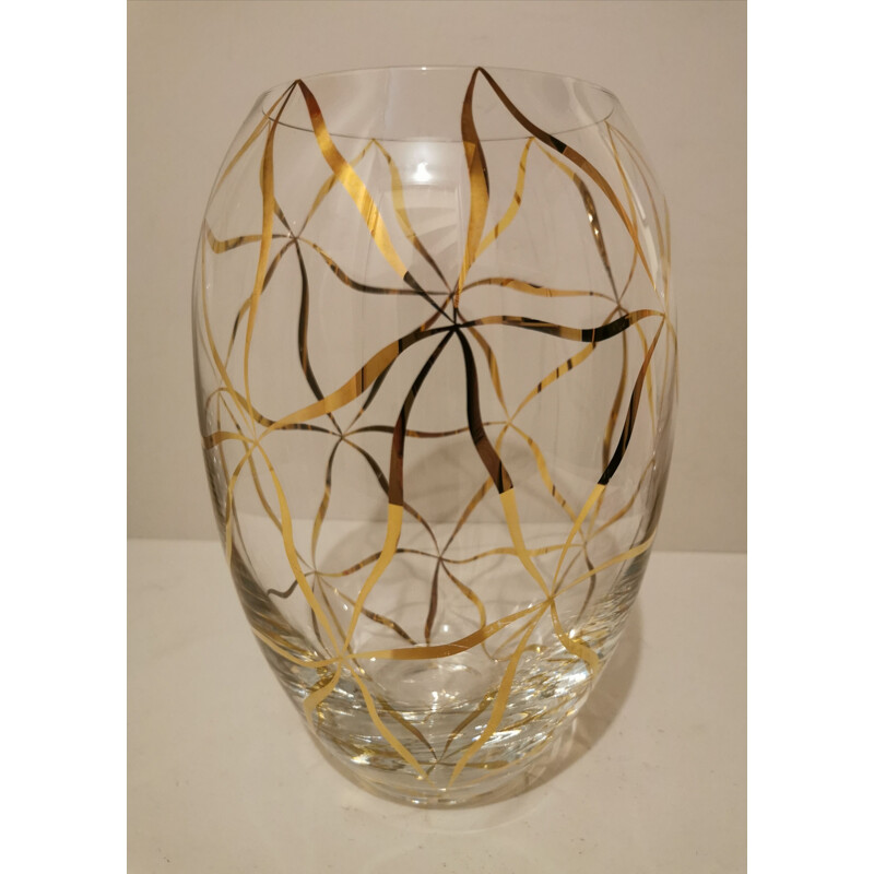 Vase vintage en cristal au décor doré , 1970