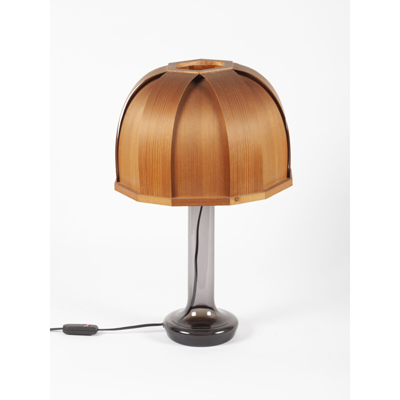 Swedish glass and laminated wood vintage table lamp from Pileprodukter Landskrona, 1960s