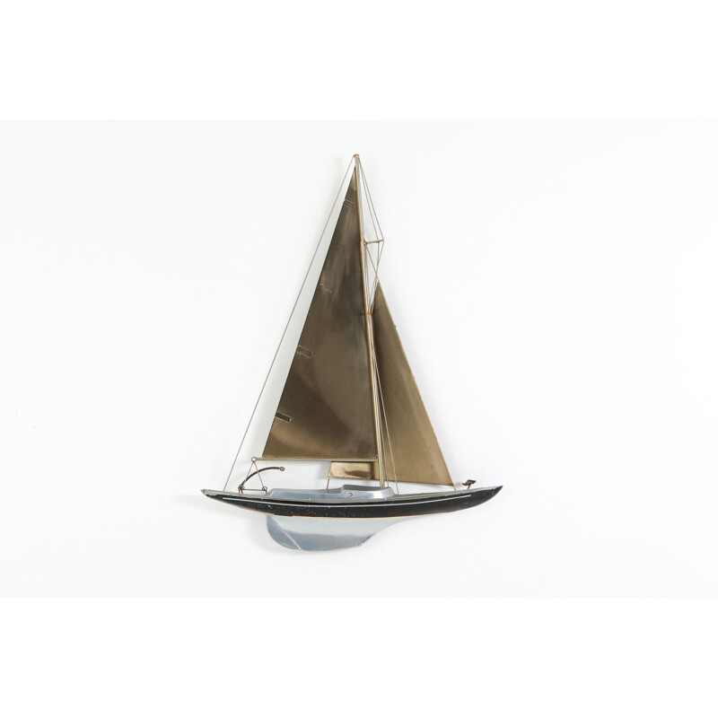 Brass racing sail boat wall mount vintage sculpture by Curtis Jere, 1995