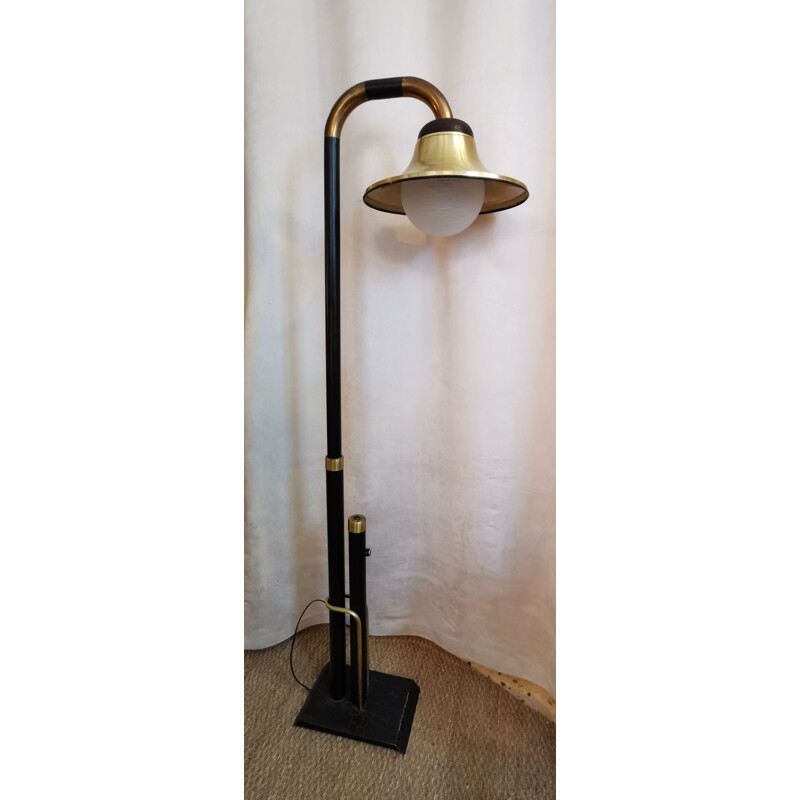 Vintage bell floor lamp in black metal and brass, 1960