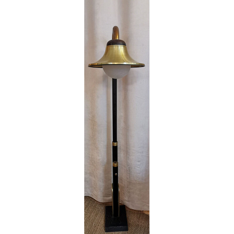 Lampadaire vintage cloche en métal noir et laiton, 1960