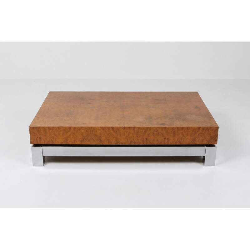 Burl and chrome vintage coffee table in style of Claude Mahey, 1970s