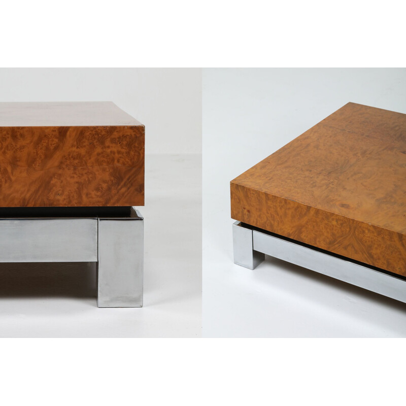 Burl and chrome vintage coffee table in style of Claude Mahey, 1970s