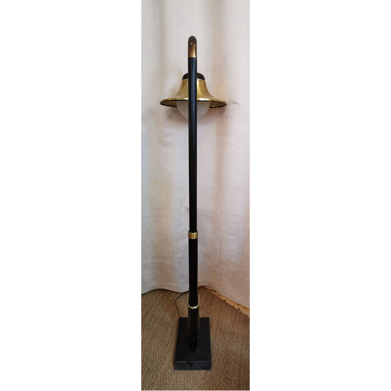 Vintage bell floor lamp in black metal and brass, 1960