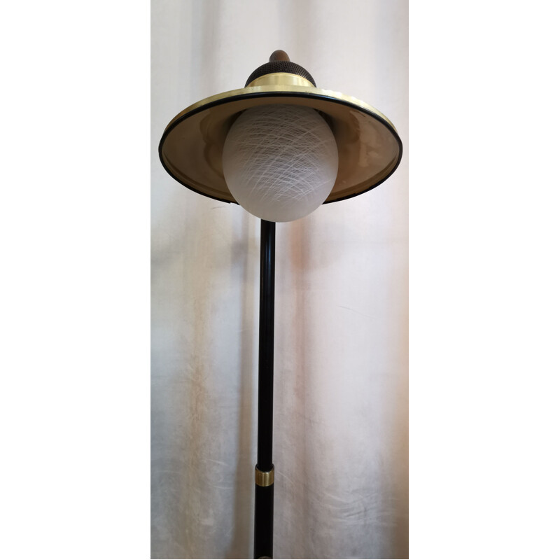 Vintage bell floor lamp in black metal and brass, 1960