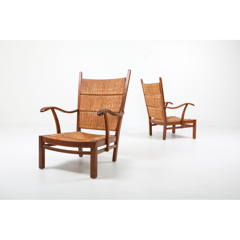 Vintage armchair in oak and straw, 1940s