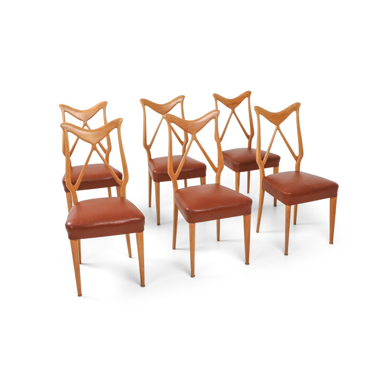 6 Oak and leather vintage italian dining chairs, 1970s