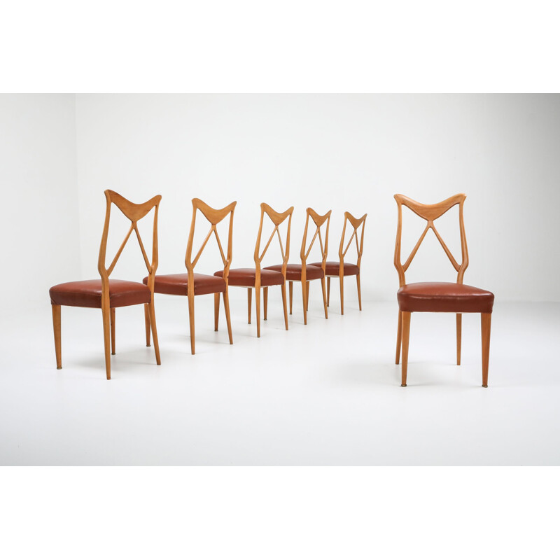 6 Oak and leather vintage italian dining chairs, 1970s