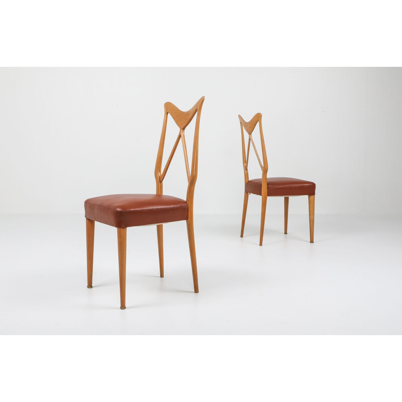 6 Oak and leather vintage italian dining chairs, 1970s