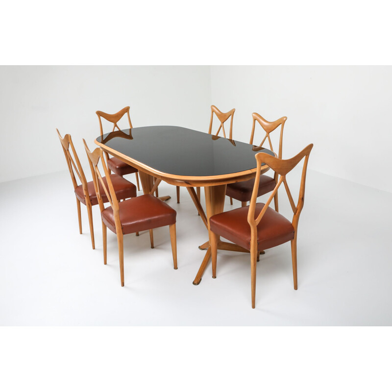 6 Oak and leather vintage italian dining chairs, 1970s