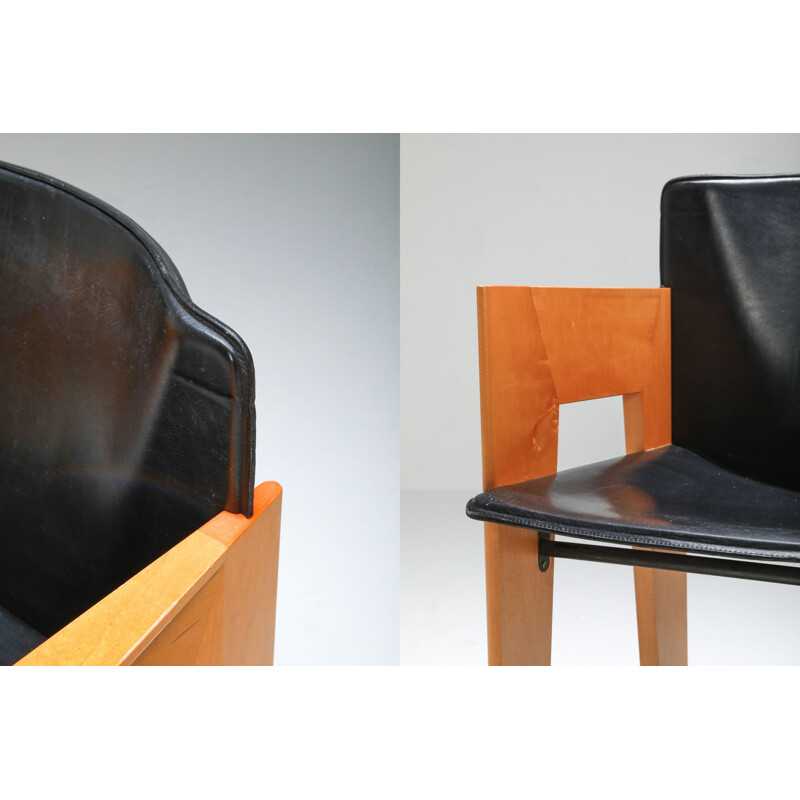 Sculptural leather and wood vintage chair By Arco, 1980s