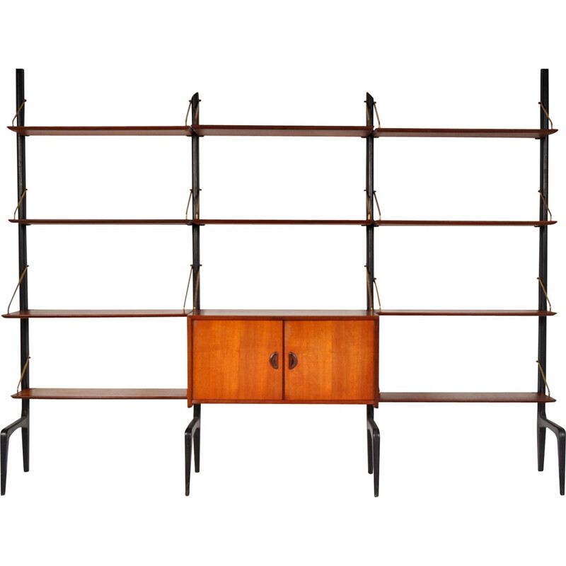 Modular wall unit in teak and brass, Louis van TEEFFELEN, 1950s