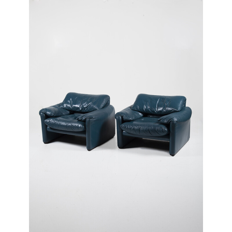 Pair of vintage Petrol Blue Leather Model Maralunga armchairs by Vico Magistretti for Cassina, 1970s