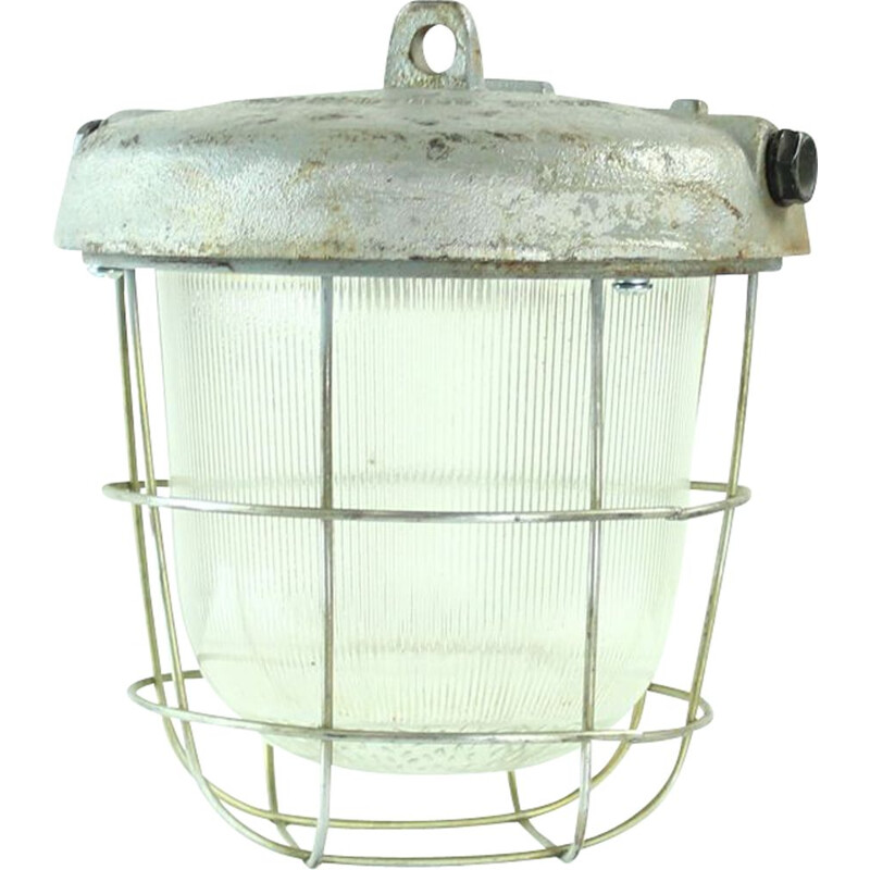 Vintage industrial ceiling lamp in metal and glass, Czechoslovakia 1950