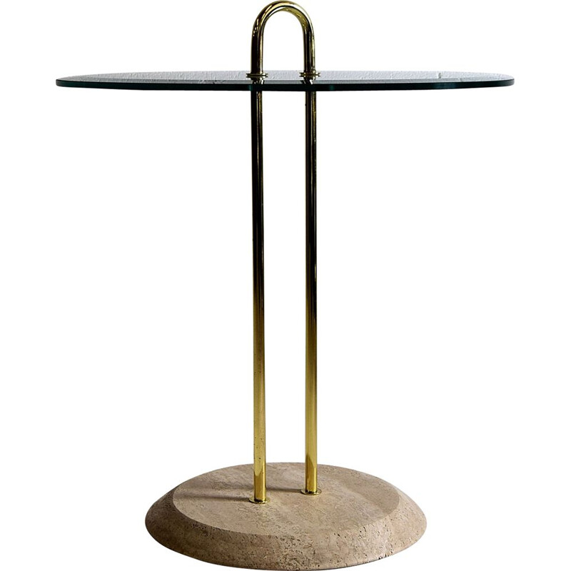 Vintage Vico Magistretti Travertine and Brass Hollywood Regency Side Table for Cattelan