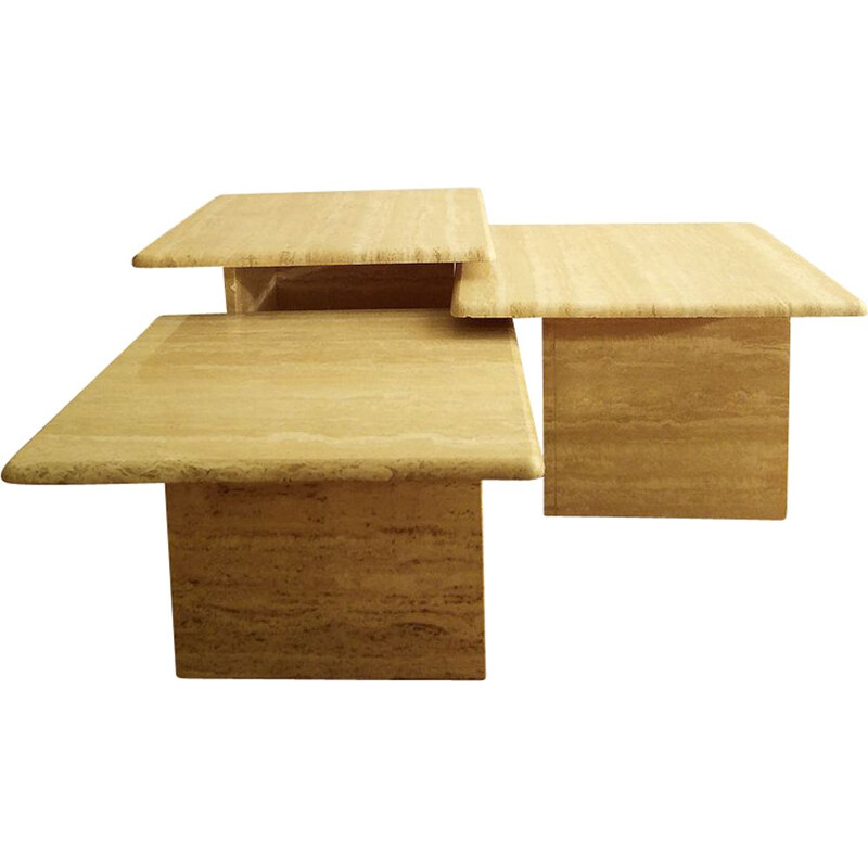 Set of 3 vintage nesting coffee tables in travertine, 1970